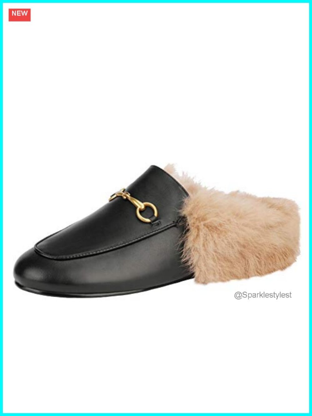 Fur Mules for Women Pointed Toe Leather Buckle Backless Slip-On Loafers Casual